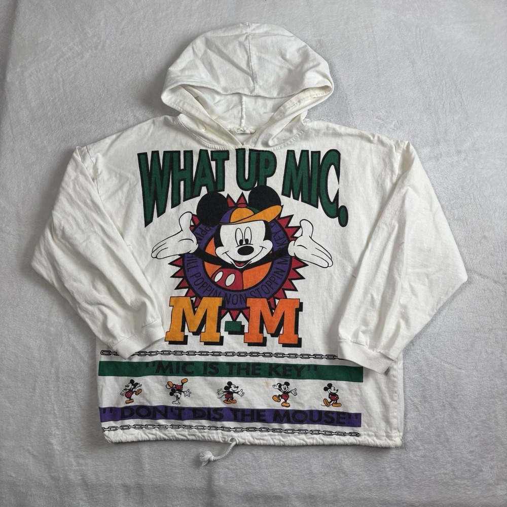 VTG Mickey Mouse By Jerry Leigh Disney What Up Mic White LS Hooded Shirt Size S
